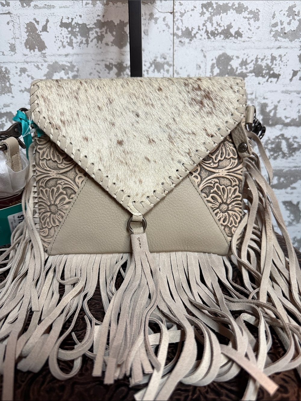 Montana West Cream Fringe Crossbody with Hair-On-Hide Flap